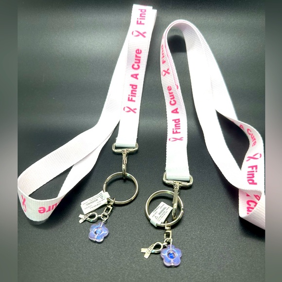 TWO Breast Cancer Awareness Grosgrain Ribbon Lanyard - WHITE FIND A CURE - Picture 1 of 4